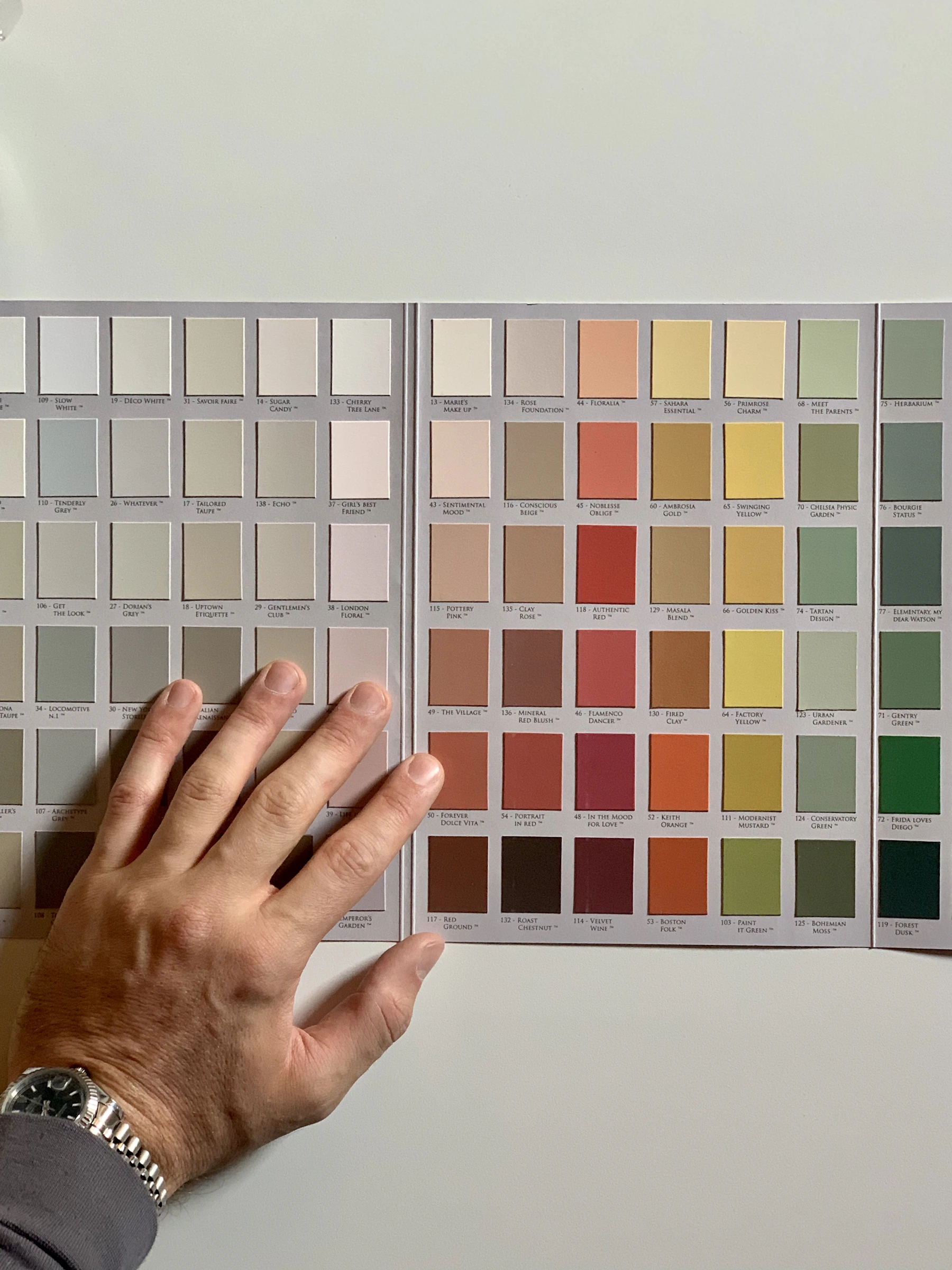 Une main compare les couleurs d’un nuancier de peinture